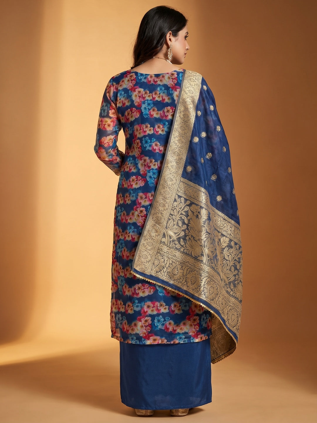 Blue Floral Printed Organza Dress Material - Image 3