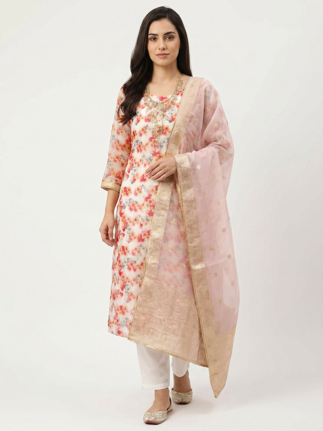 Off White Floral Printed Organza Dress Material - Image 1
