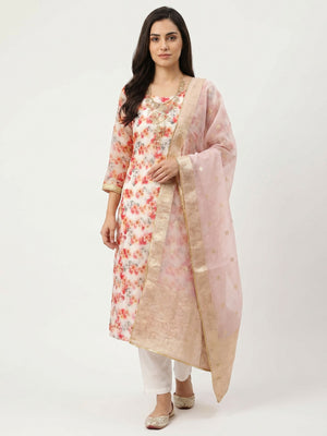 Off White Floral Printed Organza Dress Material - Image 1
