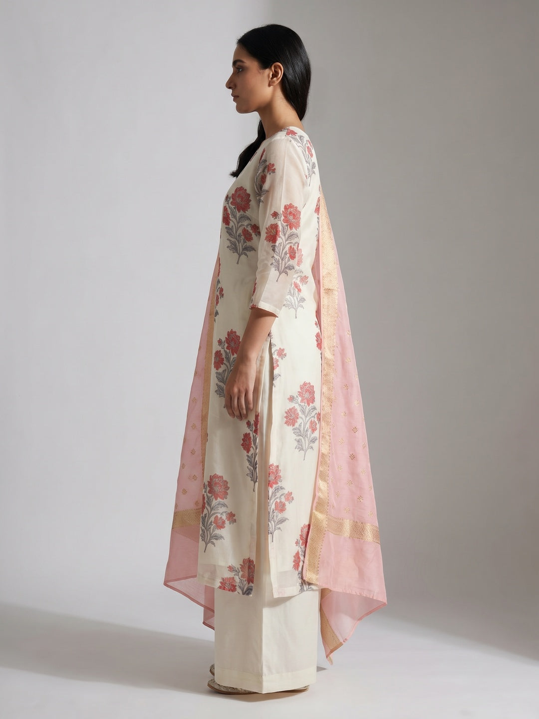 Off White Floral Printed Organza Dress Material - Image 2