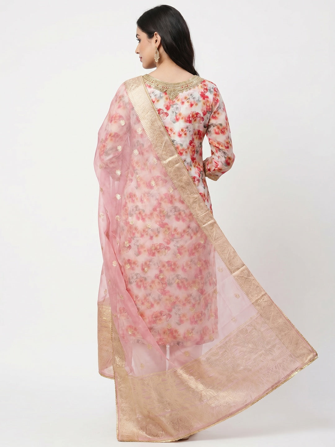 Off White Floral Printed Organza Dress Material - Image 3