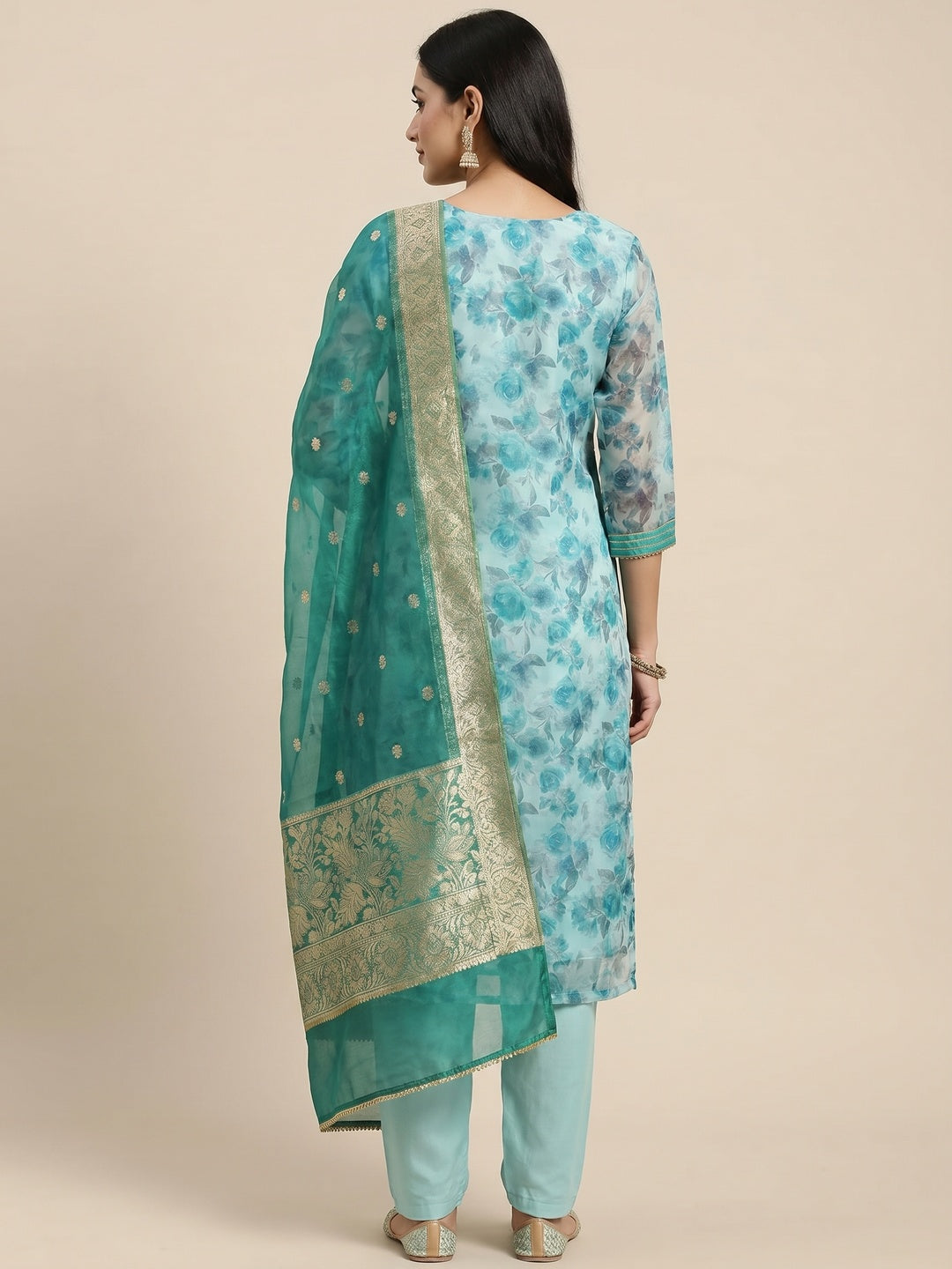 Light Turquoise Floral Printed Organza Dress Material - Image 3