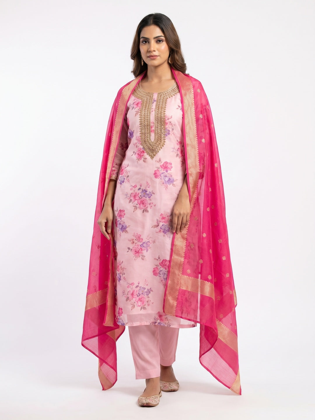 Light Pink Floral Printed Organza Dress Material - Image 1
