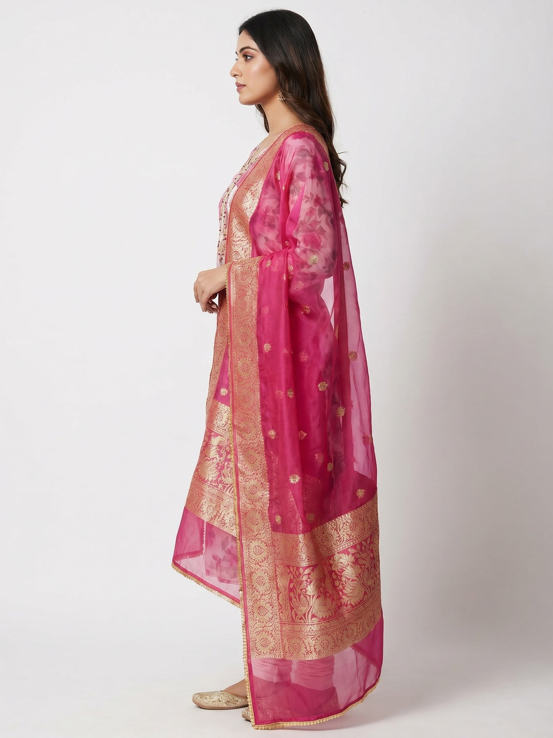 Light Pink Floral Printed Organza Dress Material - Image 3