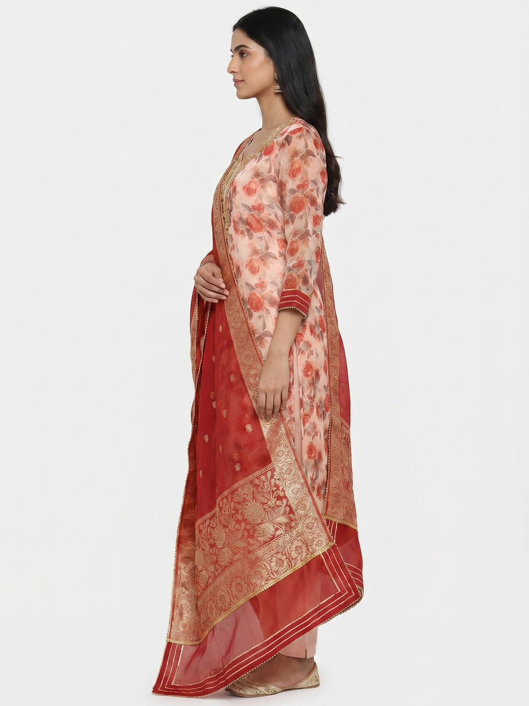 Light Peach Floral Printed Organza Dress Material - Image 3