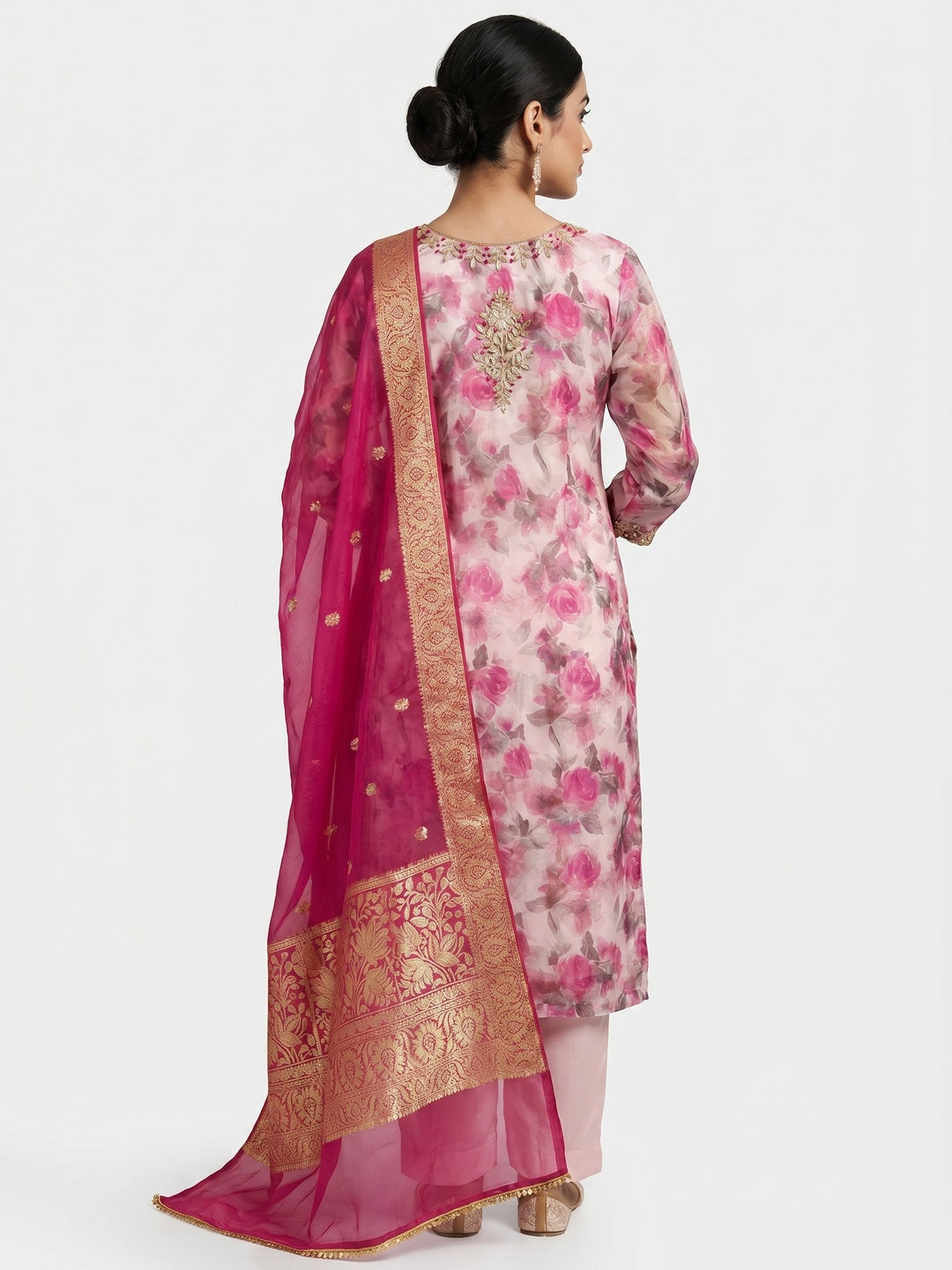 Light Pink Floral Printed Organza Dress Material - Image 2