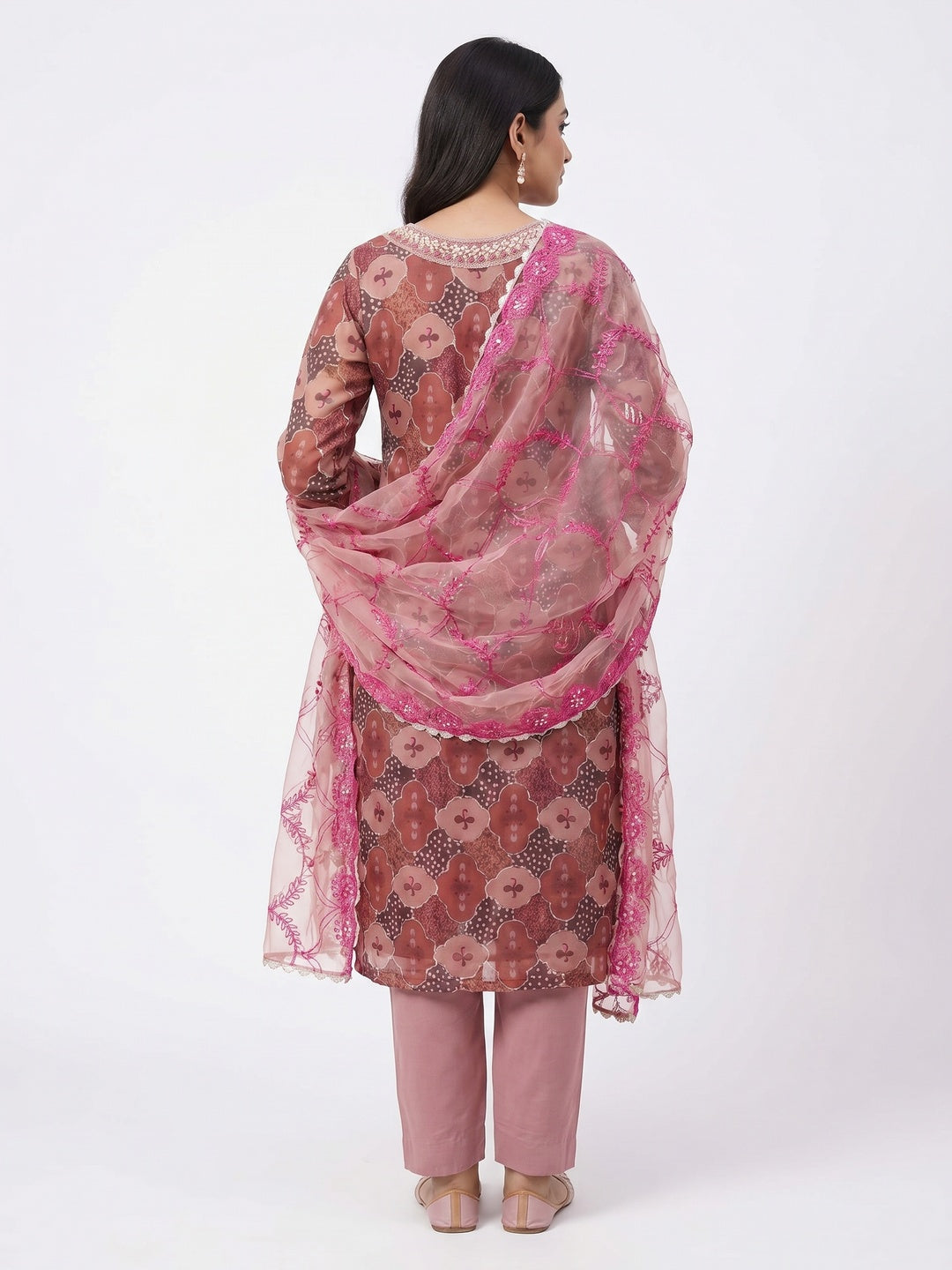 Mauve Floral Printed Organza Dress Material - Image 2