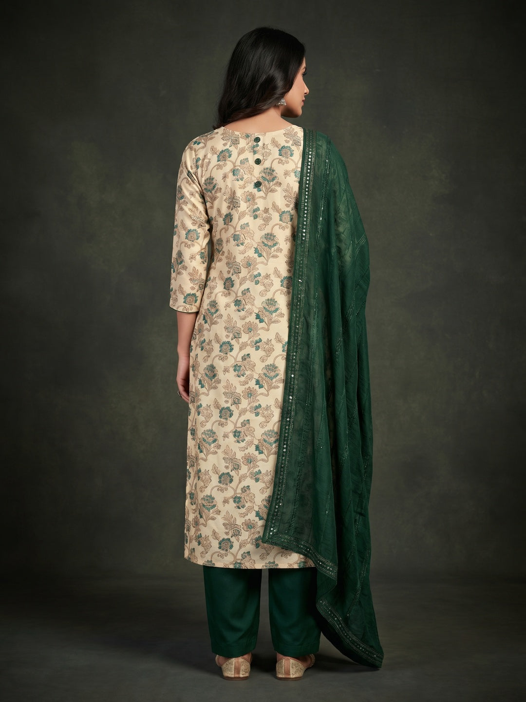 Cream Floral Printed Cotton Silk Dress Material - Image 3