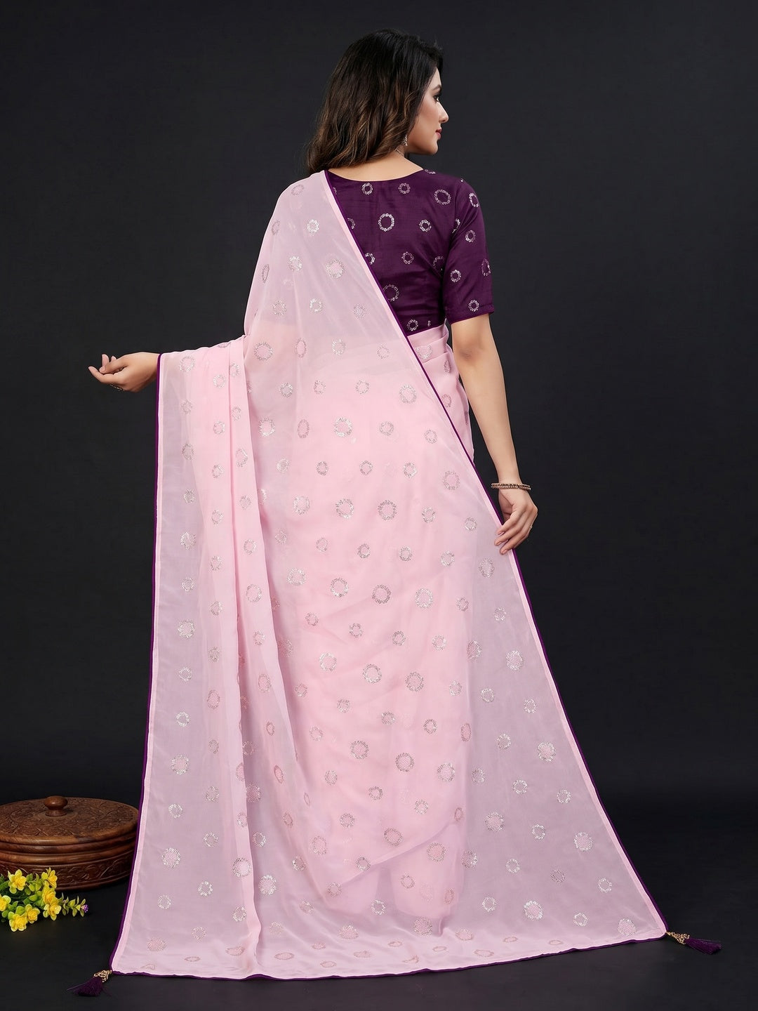 Pink Embroidered Georgette Saree - Image 2