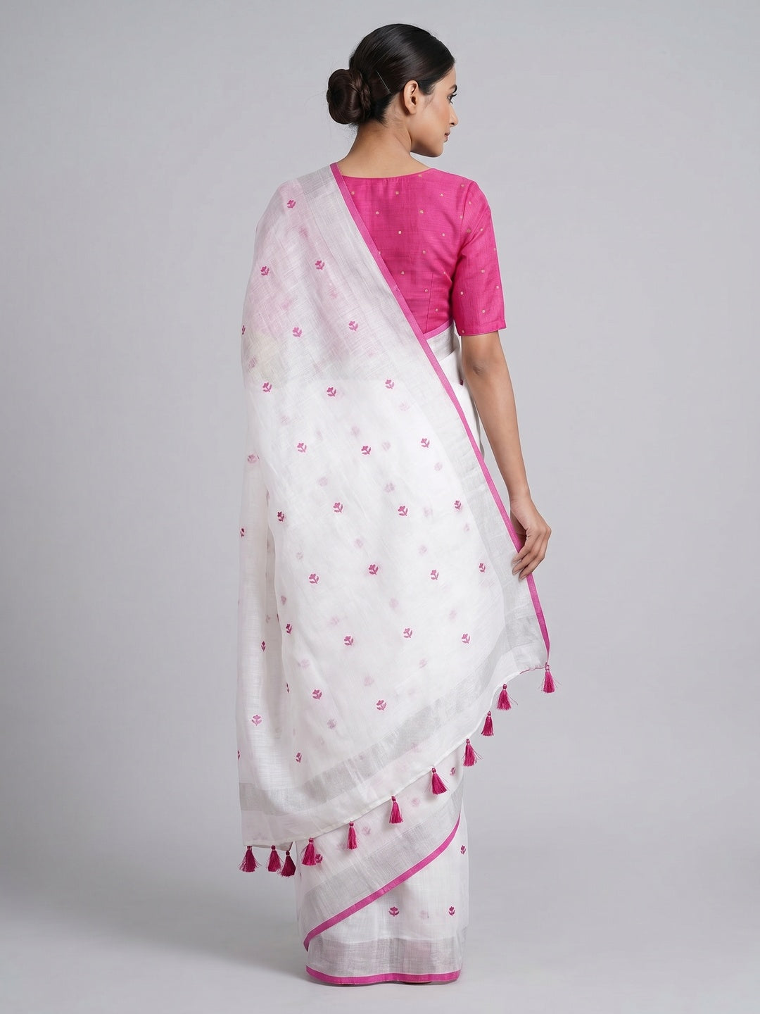 White & Pink Floral Embroidered Linen Saree - Image 2