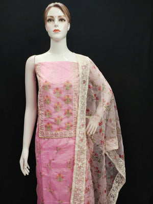 Pink Floral Embroidered Chanderi Dress Material - Image 1