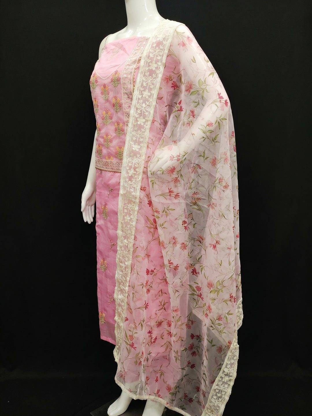 Pink Floral Embroidered Chanderi Dress Material - Image 2