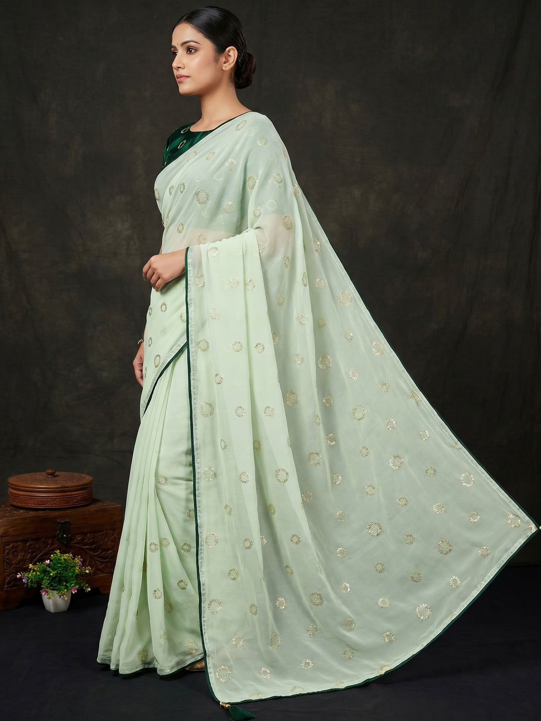 Green Embroidered Georgette Saree - Image 2
