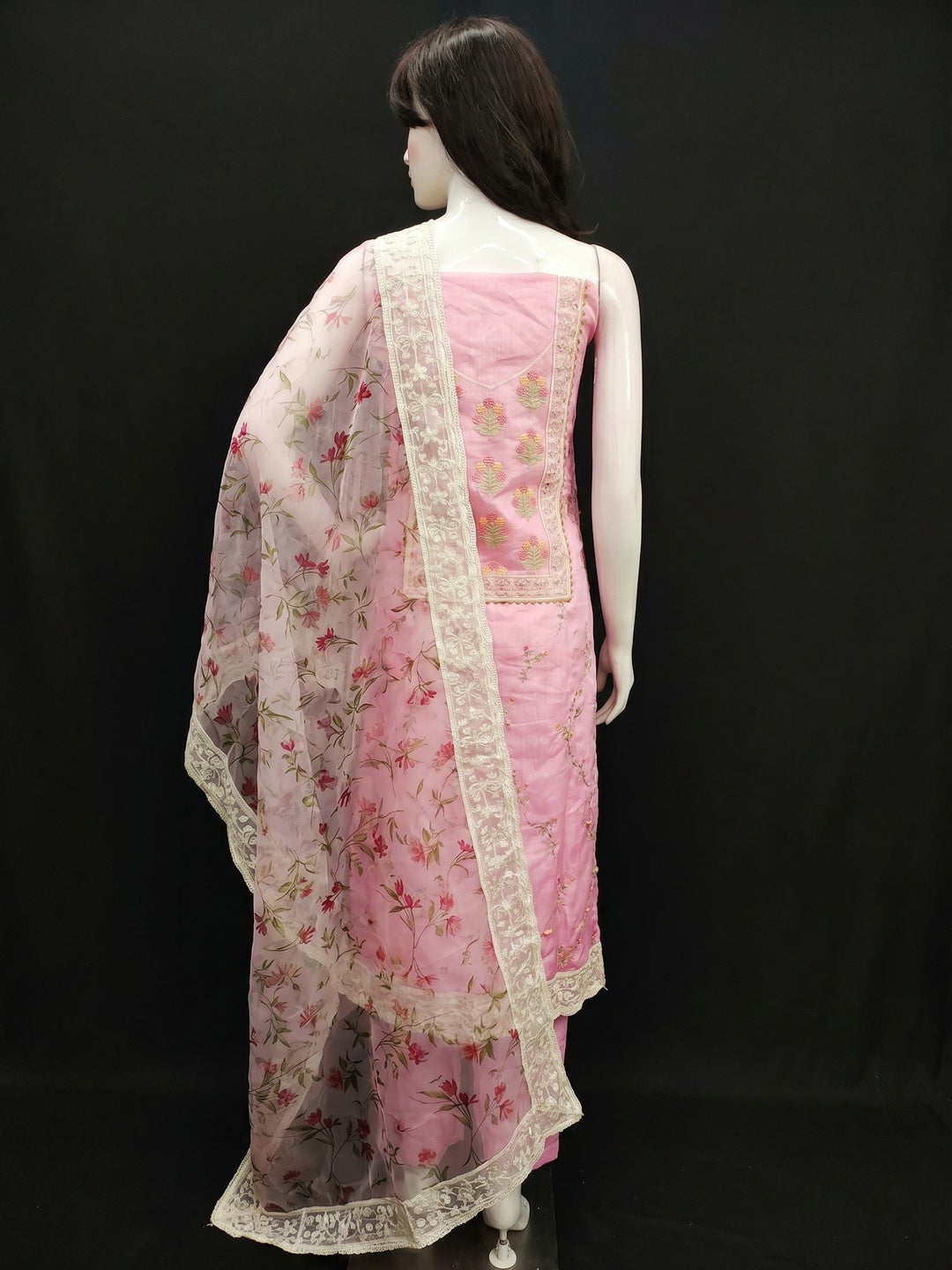 Pink Floral Embroidered Chanderi Dress Material - Image 3