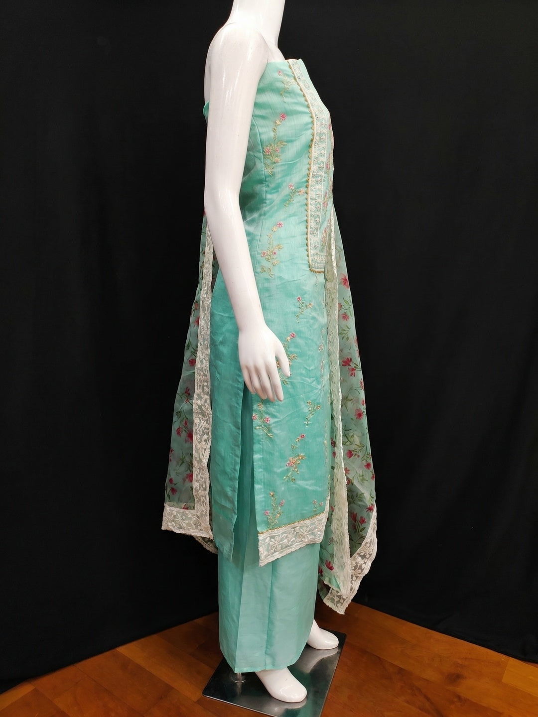Turquoise Floral Embroidered Chanderi Dress Material - Image 3