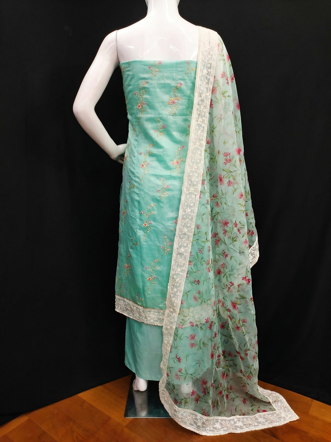 Turquoise Floral Embroidered Chanderi Dress Material - Image 2