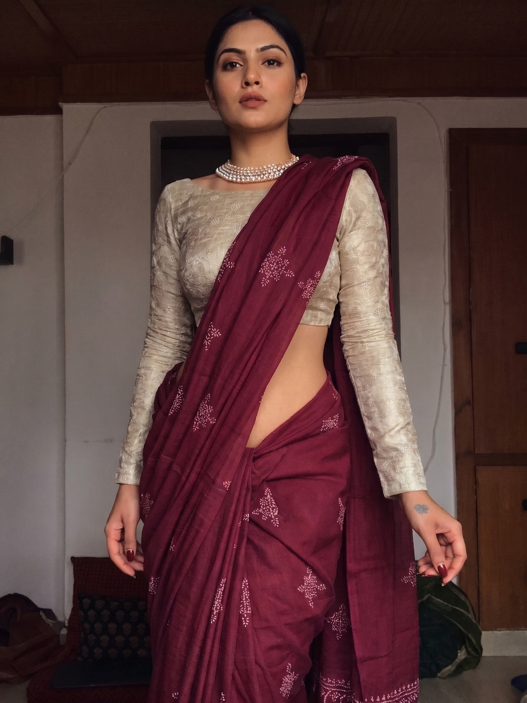 Wine Floral Printed Muslin Saree With Tassels - Image 1