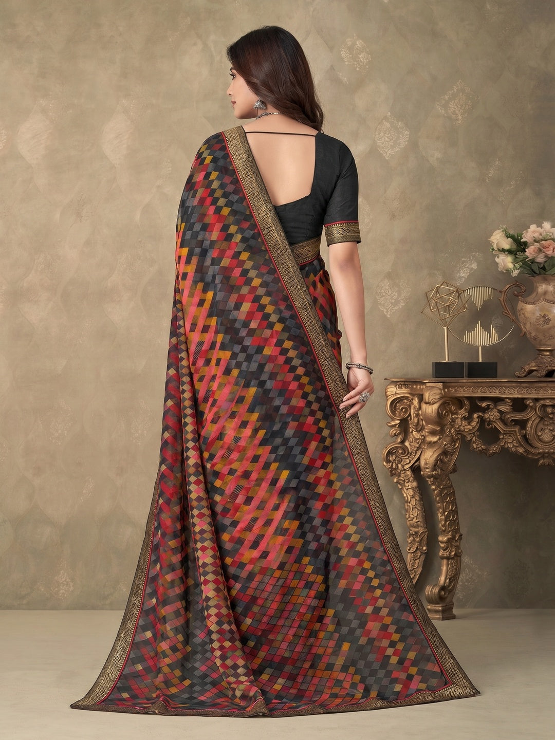 Black Digital Printed Chiffon Saree With Lace Border - Image 1