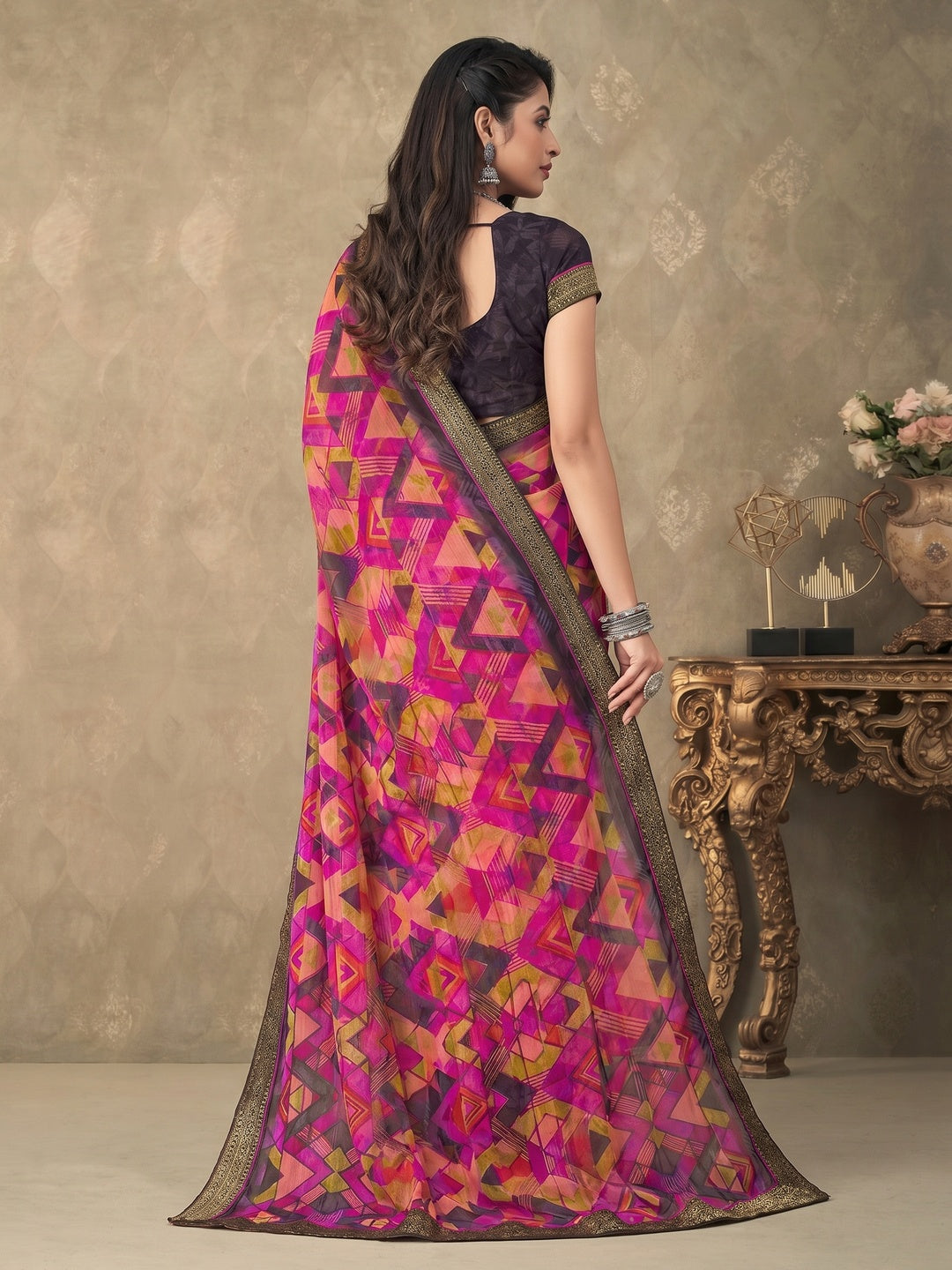 Magenta Digital Printed Chiffon Saree With Lace Border - Image 1