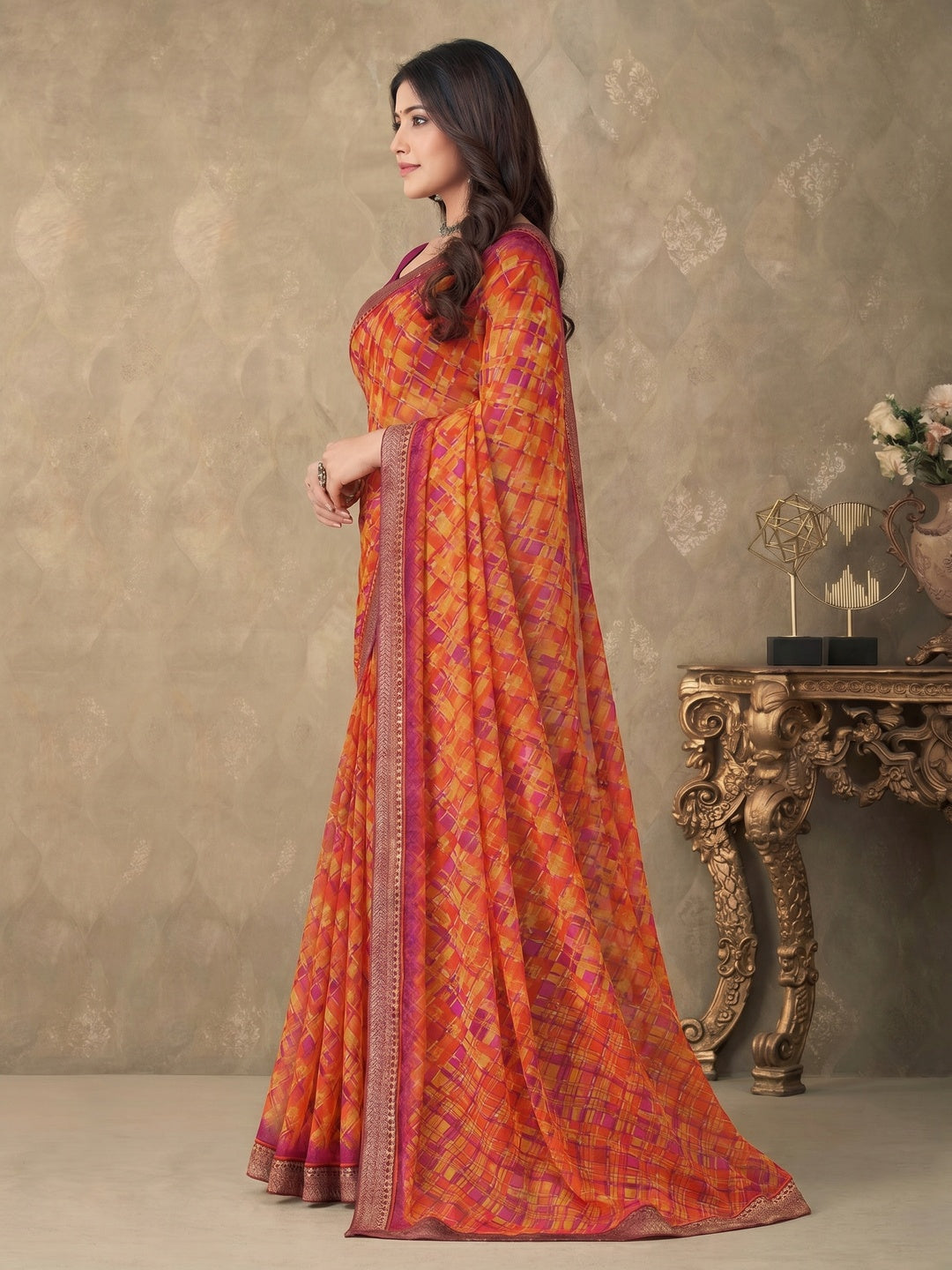 Orange Digital Printed Chiffon Saree With Lace Border - Image 1