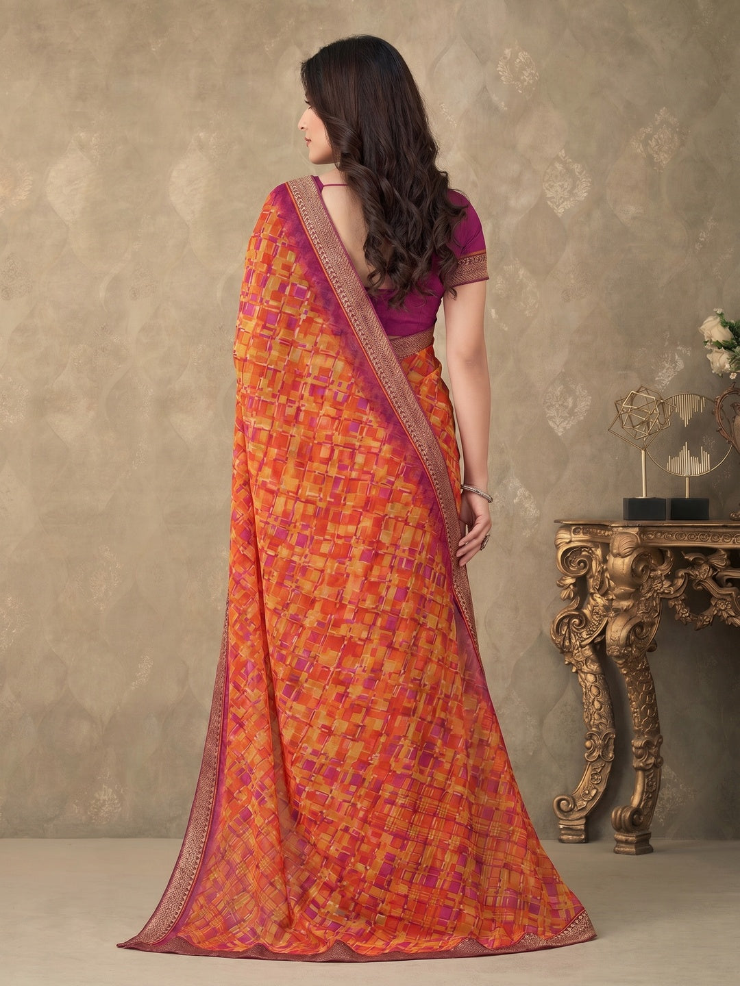 Orange Digital Printed Chiffon Saree With Lace Border - Image 2