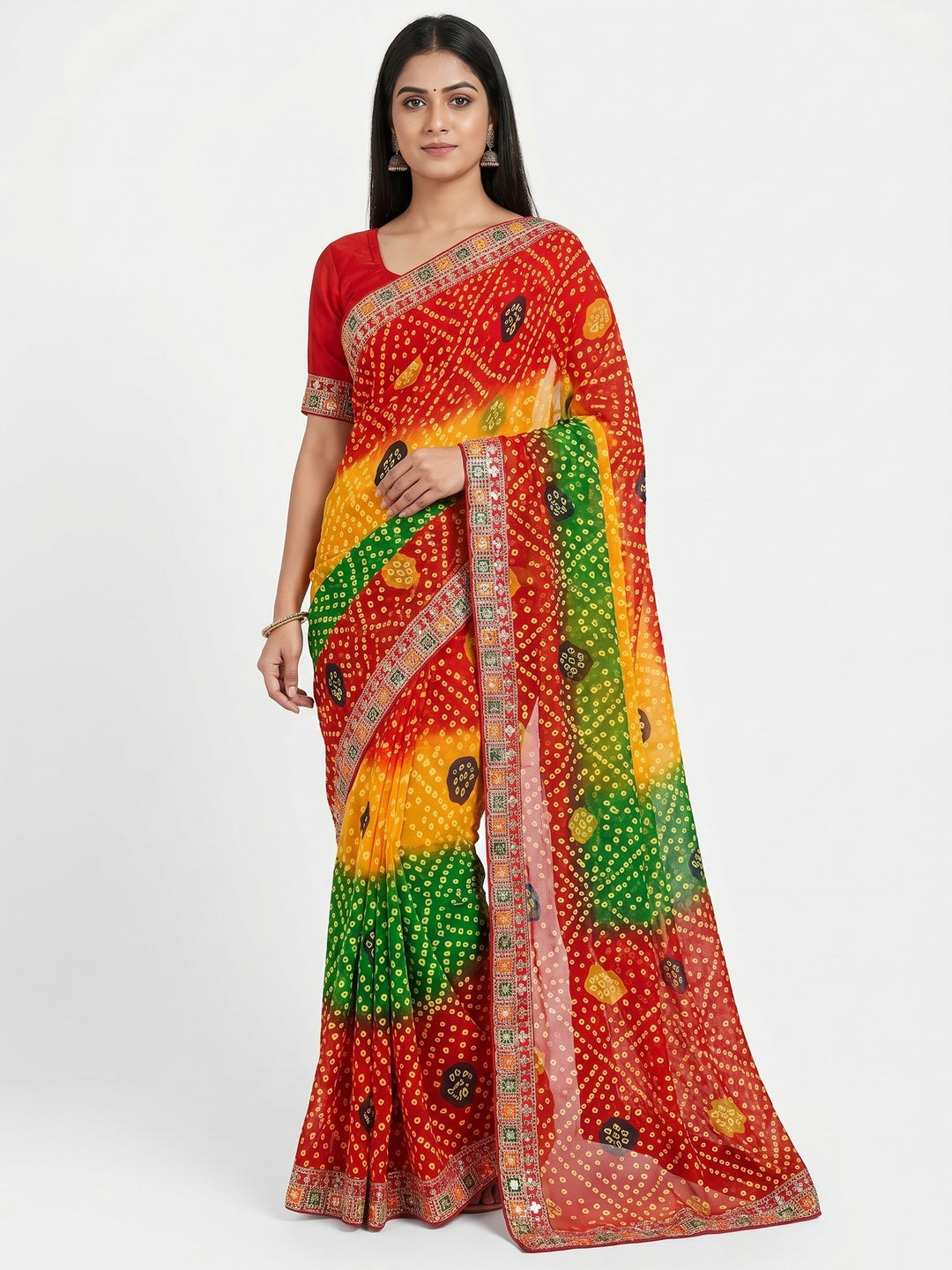 Multicolor Bandhani Printed With Sequins Border Georgette Saree - Image 1