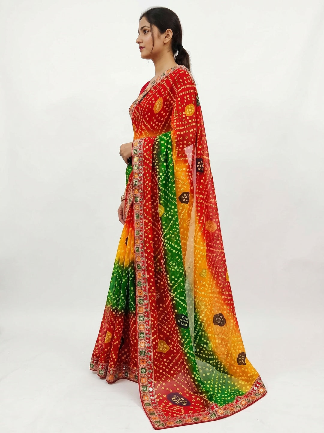 Multicolor Bandhani Printed With Sequins Border Georgette Saree - Image 2