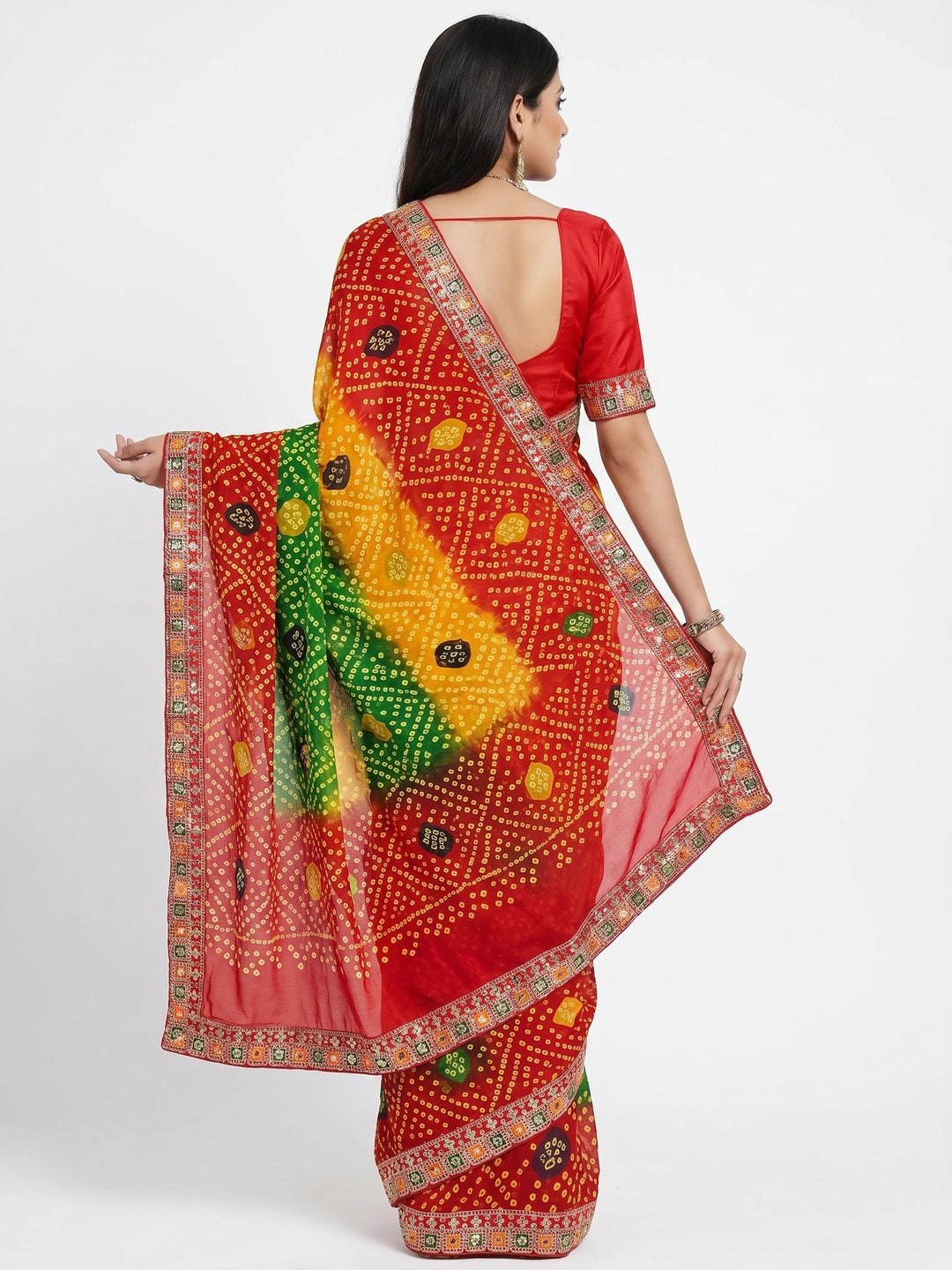 Multicolor Bandhani Printed With Sequins Border Georgette Saree - Image 3
