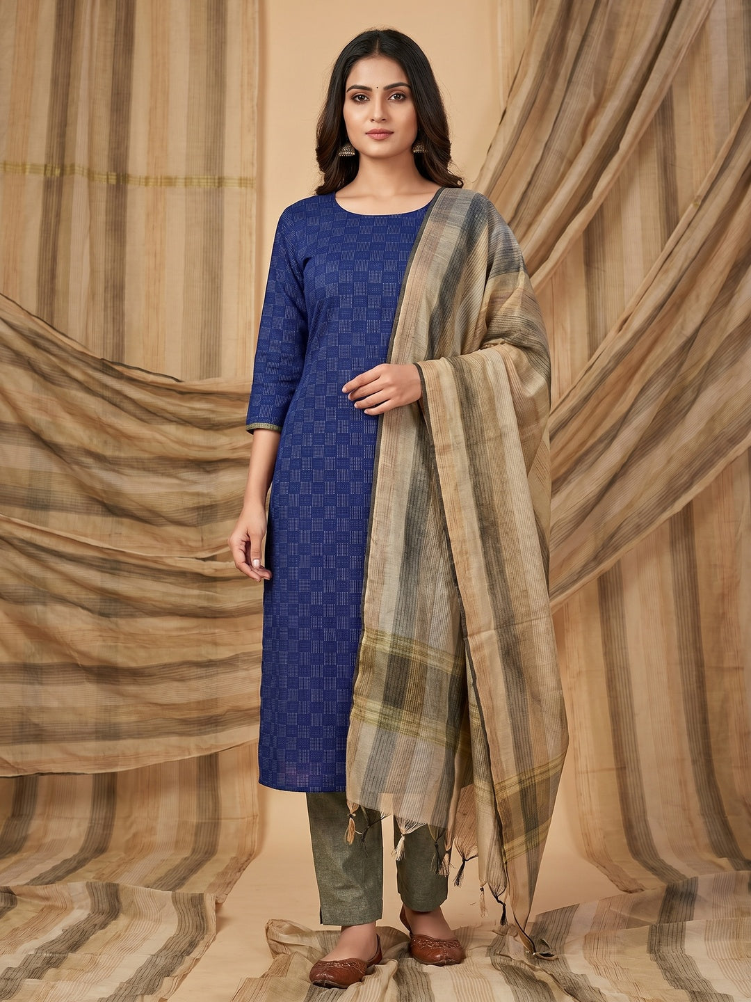 Royal Blue Woven Cotton Blend Dress Material - Image 1