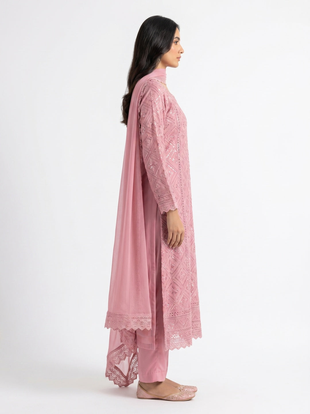 Pink Sequins Embroidered Georgette Dress Material - Image 2