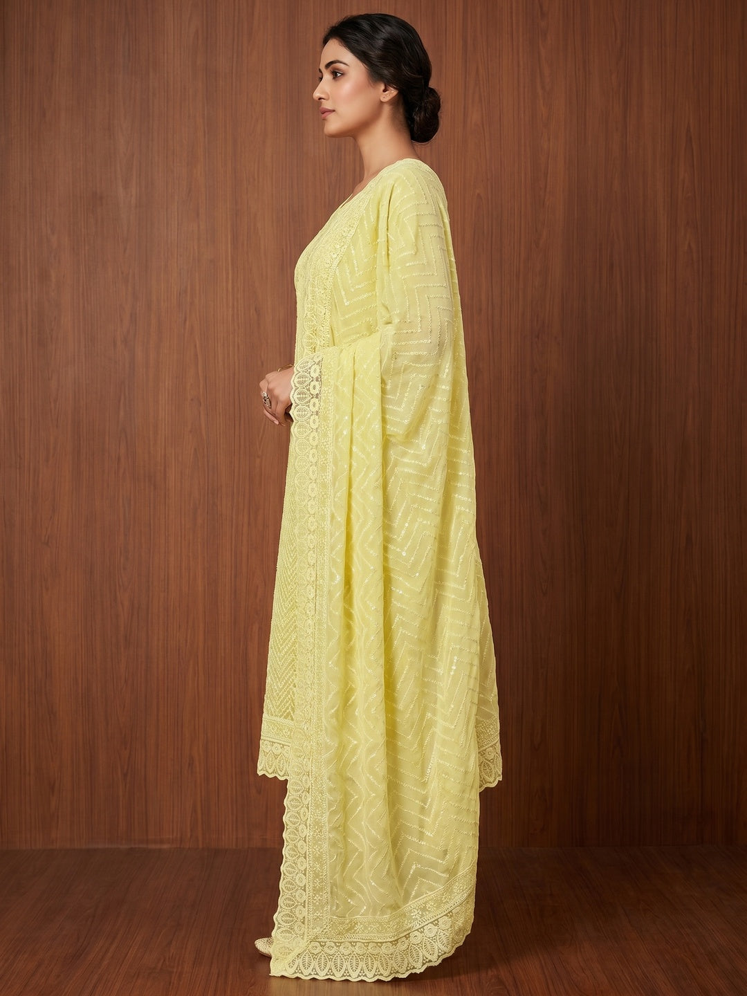 Yellow Sequins Embroidered Georgette Dress Material - Image 3