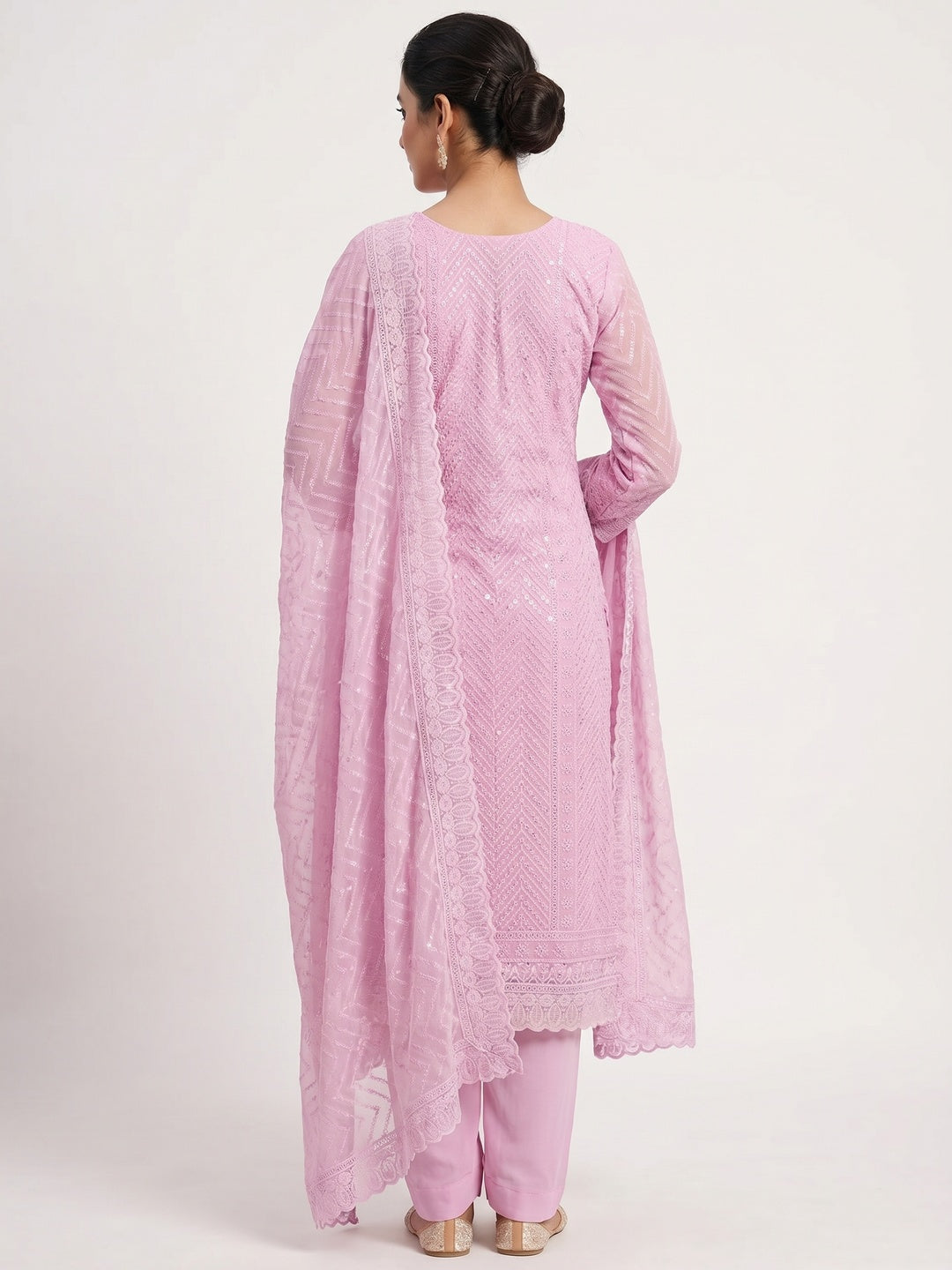 Pink Sequins Embroidered Georgette Dress Material - Image 3