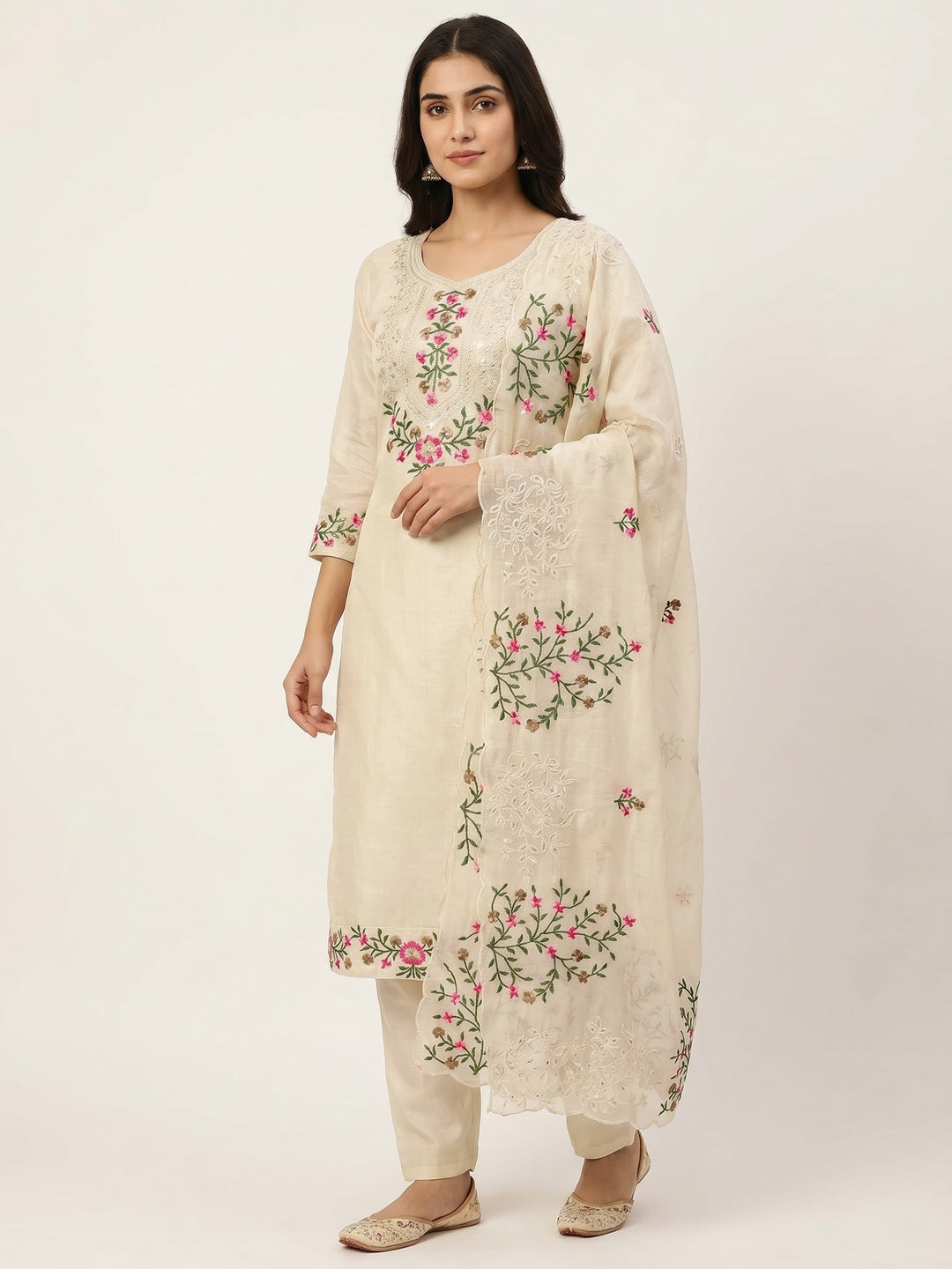Cream Floral Embroidered Chanderi Dress Material - Image 1