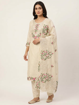 Cream Floral Embroidered Chanderi Dress Material - Image 1