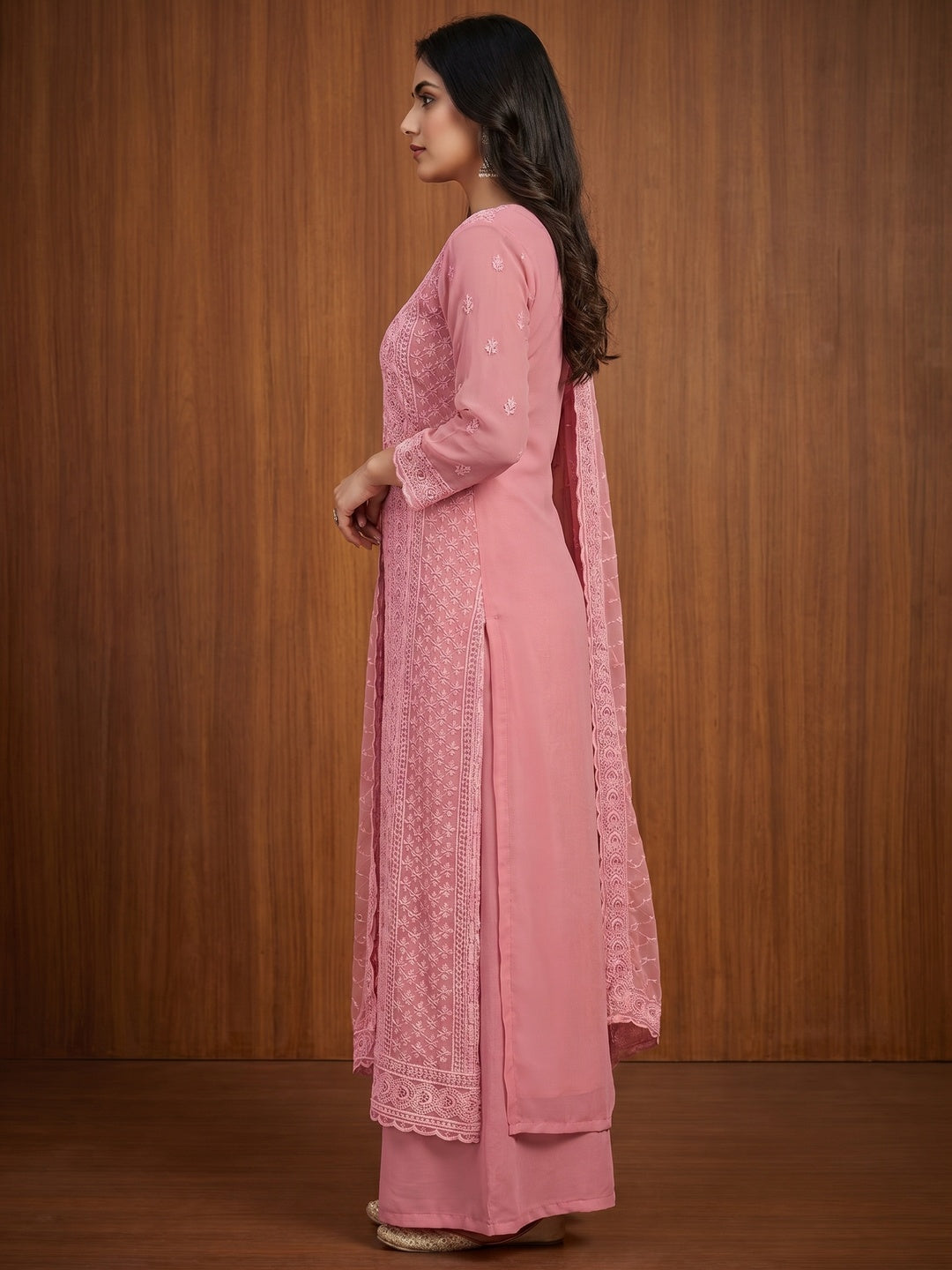 Pink Floral Embroidered Georgette Dress Material - Image 2