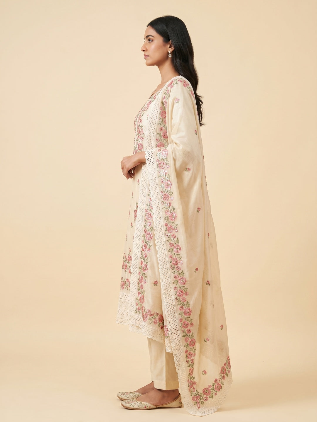 Cream Floral Embroidered Chanderi Dress Material - Image 2