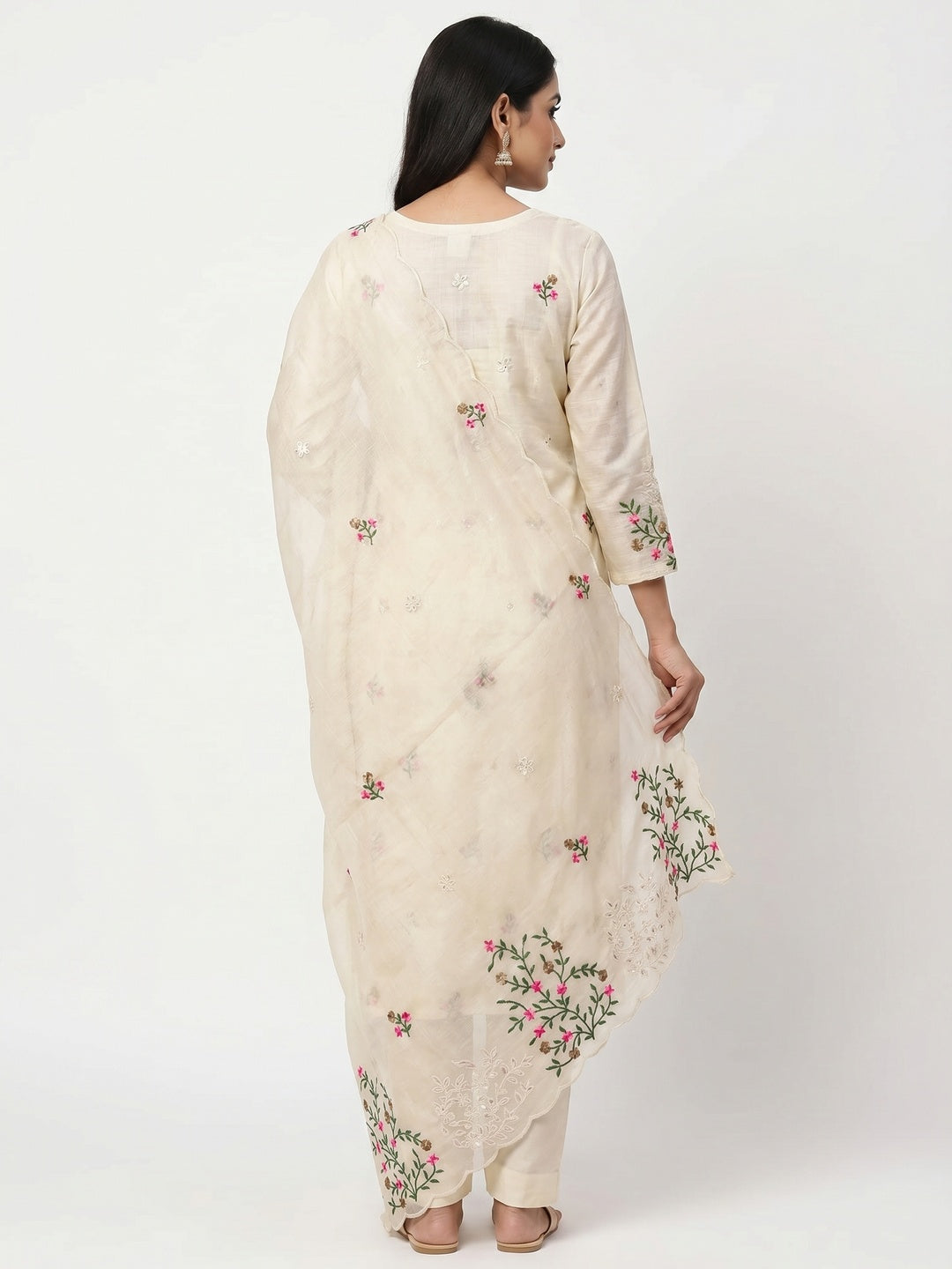 Cream Floral Embroidered Chanderi Dress Material - Image 3