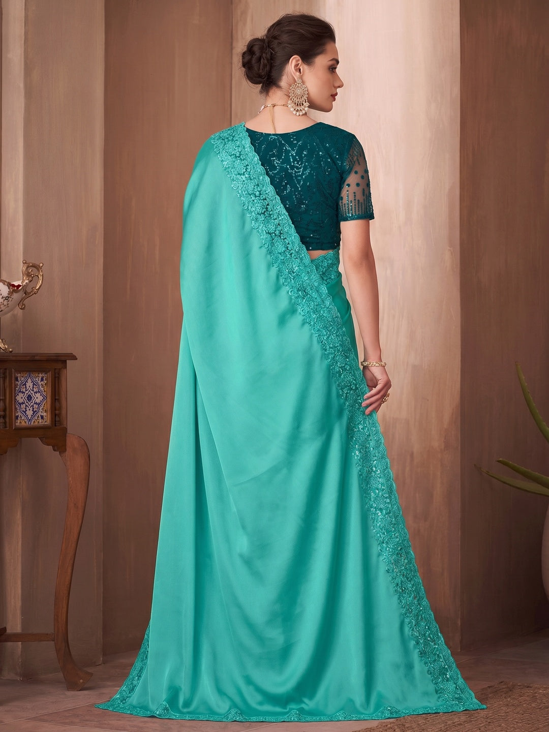 Turquoise Embroidered Satin Saree - Image 1