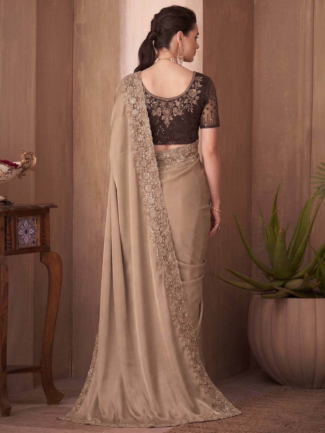 Light Brown Embroidered Satin Saree - Image 2