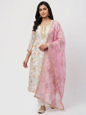 White Printed With Handwork Organza Dress Material - Image 1