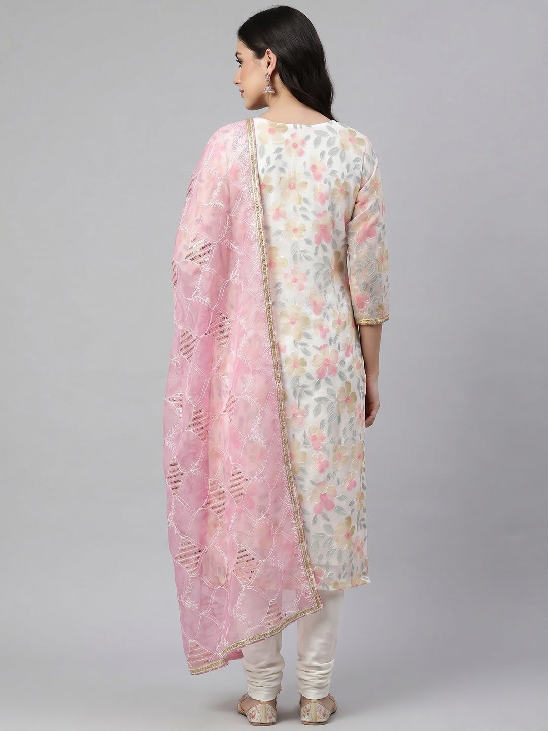 White Printed With Handwork Organza Dress Material - Image 2