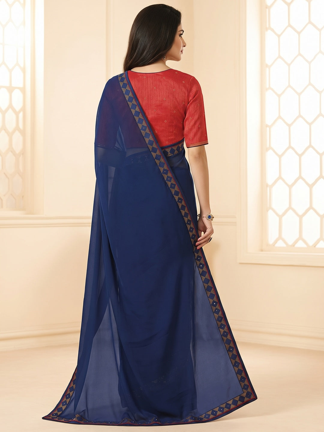 Blue Swarovski Work Georgette Saree - Image 1