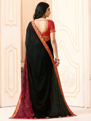 Black Printed Art Silk Saree With Lace Border - Image 1