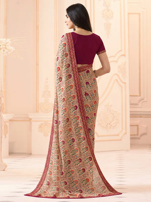 Beige Floral Printed Georgette Saree With Lace Border - Image 1