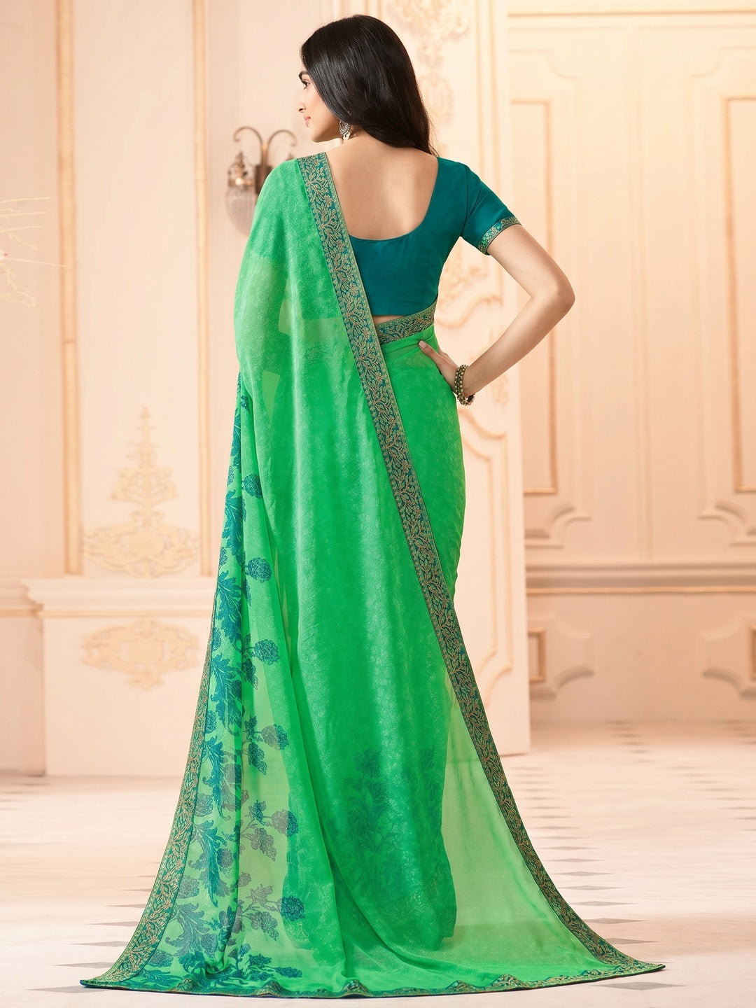 Green Floral Printed Georgette Saree With Lace Border - Image 1