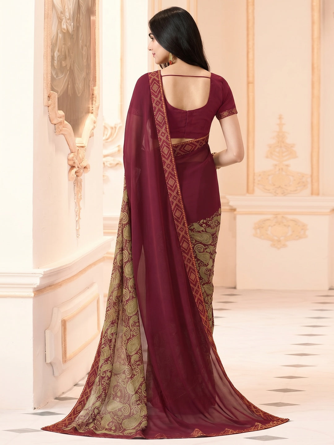 Maroon Printed Georgette Saree With Lace Border - Image 1