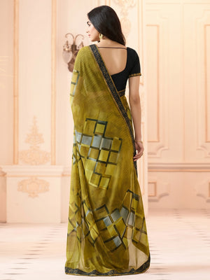 Mehendi Green Printed Georgette Saree With Lace Border - Image 1