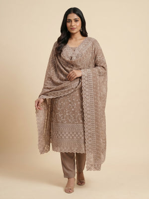 Brown Floral Embroidered Dress Material - Image 1