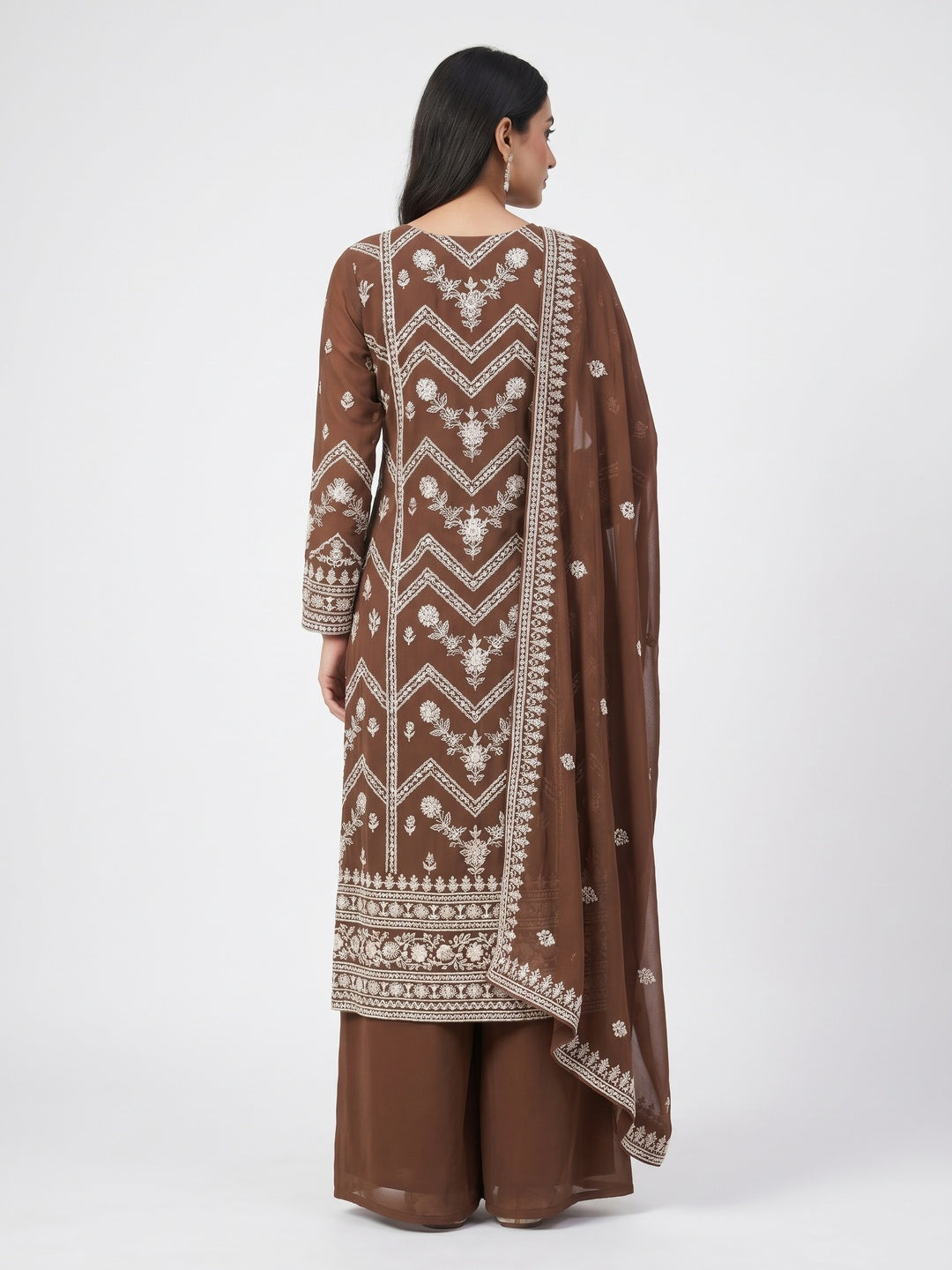 Brown Floral Embroidered Dress Material - Image 2