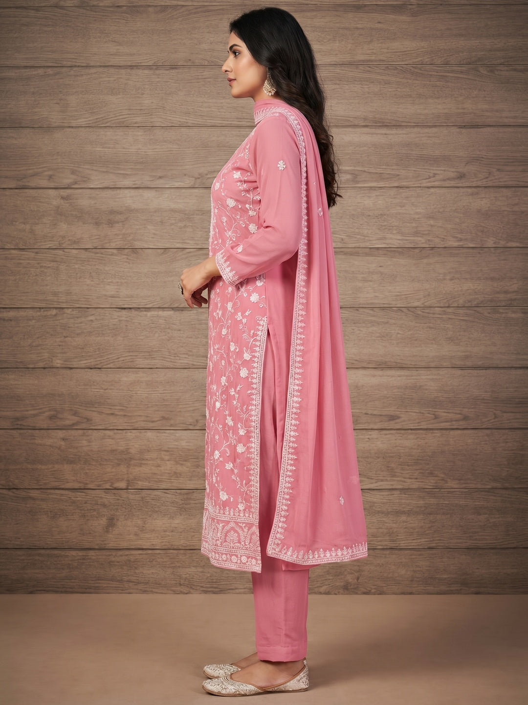 Pink Floral Embroidered Dress Material - Image 3